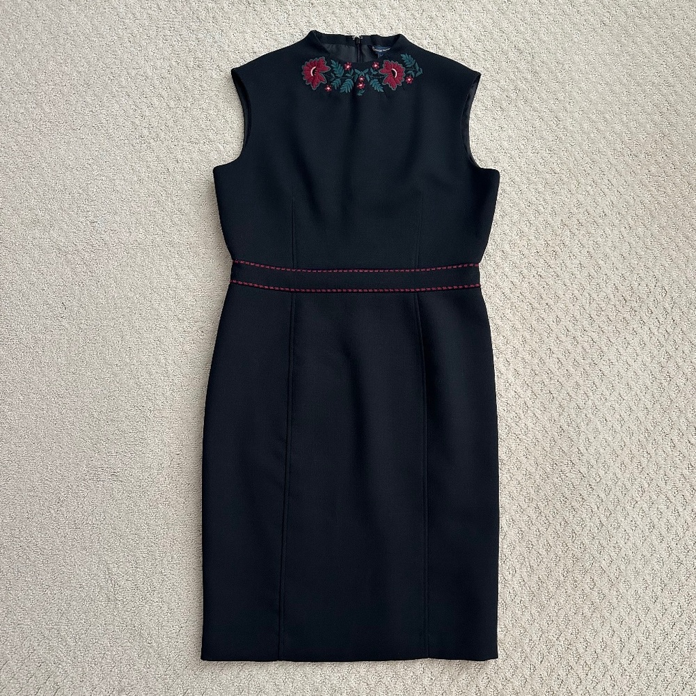 Brooks Brothers Floral Embroidered High Neck Wool Blend Sheath Dress 14 Classic